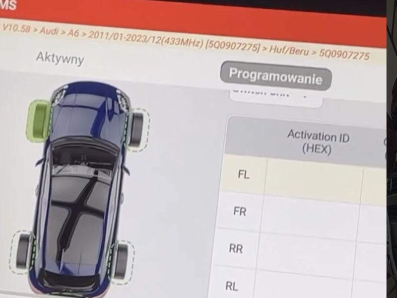 Ekran tabletu diagnostycznego z programowaniem czujników ciśnienia TPMS w Audi