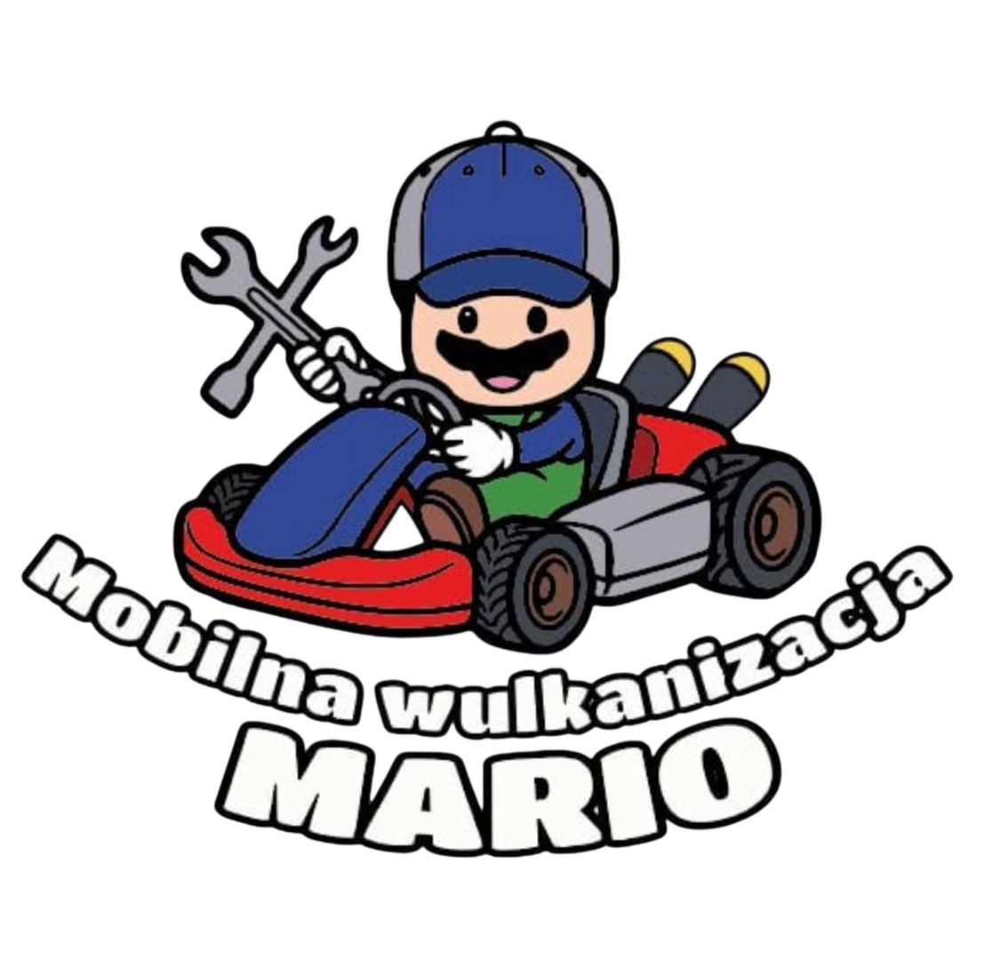 Logo Mario Mobilna Wulkanizacja: maskotka w gokarcie z kluczem płasko-oczkowym